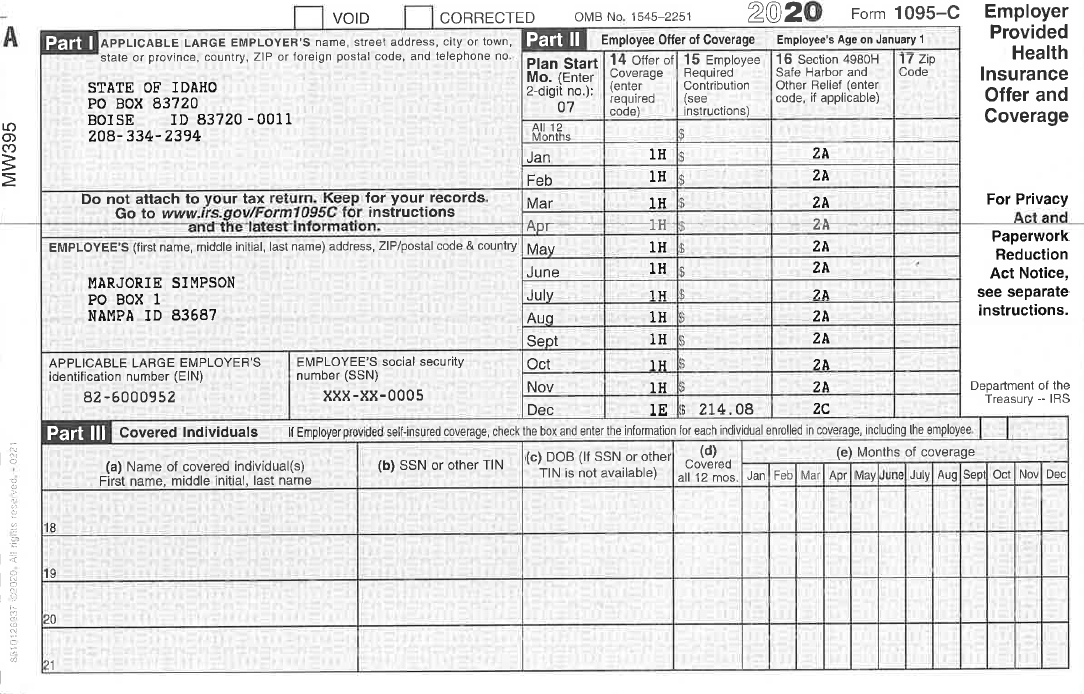 1095C Employer Provided Health Insurance Offer of Coverage